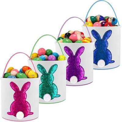 4 Pcs Easter Basket Bags Canvas Bunny Basket Egg Bag Bunny Tote Bag Easter Eggs Hunt Bucket Rabbit Fluffy Tails Party Celebrate Toys Carry Candy Egg Bucket Rabbit Print Buckets for Gift Sets