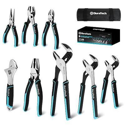 DURATECH Pliers Set 8-Piece, Cr-V/Cr-Ni Construction, Wrench and Pliers Set | 3 Groove Joint Pliers (12", 10", 8"); 8" Adjustable Wrench; Linesman, Long Nose & Slip Joint Pliers; 6" Diagonal Pliers