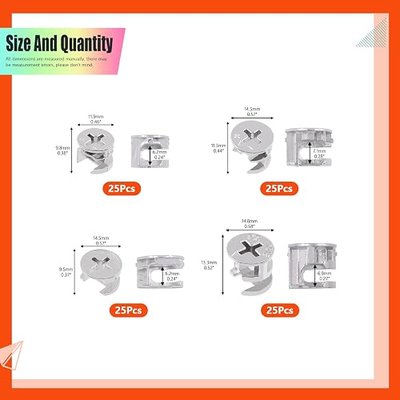 Tanstic 100Pcs 4 Sizes Furniture Connecting Cam Lock Fittings, Fastener Cabinet Connectors Hardware Bolts Furniture Connecting Lock Nut for Cabinet Drawer Chair