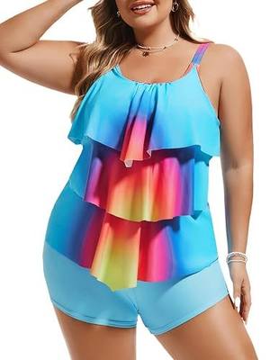 Hanna Nikole Womens Plus Size Two Piece Tankini Swimsuits 3-Tiered Ruffle Flounce Top with High Waisted Bottom