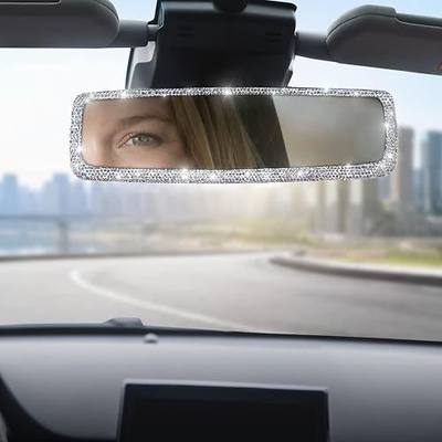 Bling Crystal Diamonds Rhinestone Car Mirror, Rhinestone Rear View Mirror for Women, Interior Trim (White)