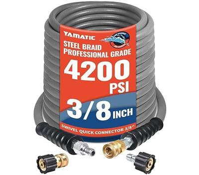 YAMATIC 3/8" Pressure Washer Hose 100 FT 4200 PSI, Non-Marking | Steel Wire Braided With Non-Marking Rubber Cover, 250°F Hot Water Use, 3/8" Swivel Quick Connect To M22-14mm Adapters