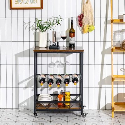 Giantex Mobile Bar Serving Cart, Kitchen Island Cart on Lockable Castors, Industrial Home Storage Cart with Wine Bottles Rack Glasses Holder Metal Frame (Dark Brown)