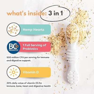 Tiny Sprouts Organic Hemp Hearts + Full Serving Probiotic + Vitamin D3 | Superfood Protein Booster for Kids & Adults | Omega-3, Iron, Magnesium, Zinc | Brain & Immune Support | Gluten-Free | 7 oz