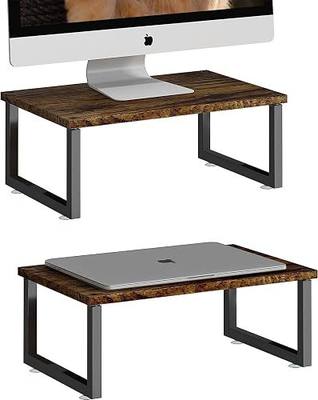 Simple Trending Wood Monitor Stand Riser, 2 Pack, Antique Brown | Desk Storage Organizer, Desktop Stand for PC/TV/Laptop/Printer , Sturdy Metal Frame, Waterproof, 29"W x 9"D x 5.5"H