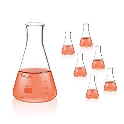 Conical Flasks Set, 500 mL Glass Erlenmeyer Flasks, Narrow Mouth, 3.3 Borosilicate Glass Conical Flask Set (case of 6) for Lab, Classroom, Craft, Kitchen, EFNG500A6