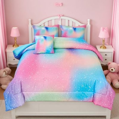 URBONUR 6 Pieces Pink Blue Stars Printed Comforter Set Twin Size for Girls | Soft & Lightweight, Kids Bed in A Bag, Includes Comforter, Flat Sheet, Fitted Sheet & Pillowcases