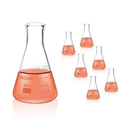 Conical Flask Set, Glass Erlenmeyer Flasks, 6pcs of Vol.50ml, Borosilicate 3.3 Glass Material with Printed Graduation.EFNG50A6