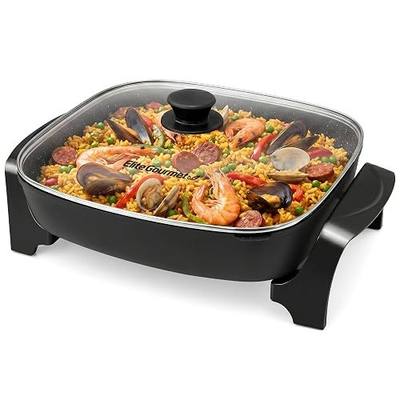 Elite Gourmet EG-6203# Non-Stick Electric Skillet, 10.5Qt, Black | Pour Spout, Glass Vented Lid, Long-Lasting, 200-400°F Adjustable Temp, Dishwasher Safe, Serves 6-8 - Extra-Deep 16"x13"
