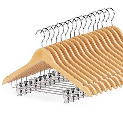HOUÍSM Wooden Hangers with Clips 16 Pack, Suit & Pants Hangers, Natural | Heavy-Duty Wood Skirt Hangers with Adjustable Metal Clips, Smooth Shoulders for Blouse, Dress, Coat, Jacket, Suits