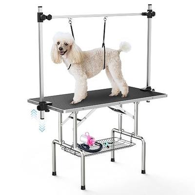 Lyromix 46''Large Dog Grooming Table, Adjustable Cat Drying Desktop with Arms, Nooses, Mesh Tray, Foldable Pet Station at Home, Maximum Capacity Up to 330Lb, 46inch, Black, 46in | Stainless Steel Grooming Table for Dogs at Home, Adjustable Pet Bathing Station, Non-Slip Waterproof Tabletop, Capacity