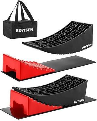 BOYISEN Camper Levelers 2 Pack - RV Leveling Blocks Ramp Kit Support Dual Axles Tandem Wheel Up to 35,000lbs RV Levelers with 2 Levelers 2 Chocks 2 Anti-Slip Mats and Carrying Bag Black