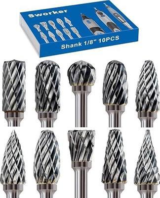Sworker 10 Pcs Carbide Burr Set 1/8" Shank Compatible with Dremel Milwaukee Bits Rotary Tools Attachment Kit Rasp Drill File Accessories Metal Wood Stone Steel Grinding Carving Cutting Polishing