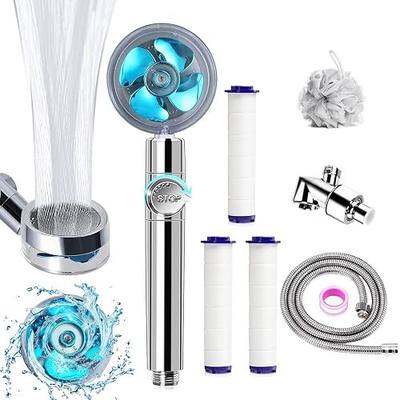 High Pressure Handheld Turbo Fan Shower Kit, 360° Rotatable Filtered Shower Head with Pause Switch, Extra Hose, Bracket, Cotton Filters & Bath Loofah