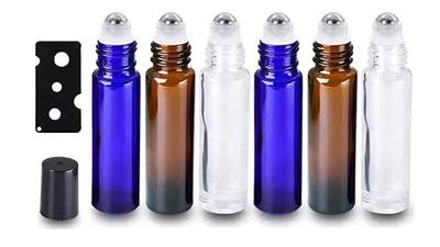 Essential Oil Roller Bottles, Empty Refillable Roll on Glass Bottles, Leak proof Glass Bottle, Stainless Steel Balls for Essential Oil 6 Packs (Amber, Blue, White)