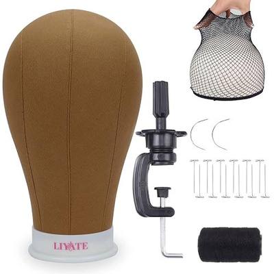 Wig Head 22 Inch Canvas Block Mannequin Head Brown Wig Head and Stand for Wigs Making Display Canvas Wig Heads Mannequin Head with Table Stand, T Needle, C Needles, Wig Caps, Thread, Brown Head