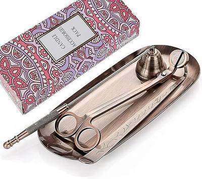 4 in 1 Candle Wick Trimmer Set Red Bronze Candle Accessory Set with Tray Candle Snuffer Wick Cutter Candle Care Tools Gift for Candle Lover Birthday Thanksgiving Party
