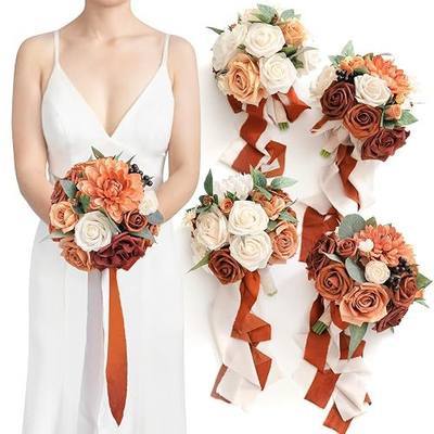 Ling's moment Terracotta Artificial Flowers Bridesmaid Bouquet Set of 4, Burnt Orange Wedding Flowers Bouquets for Bridesmaids, 7 Inch Bridal Bouquets for Bridesmaids, Wedding, Ceremony