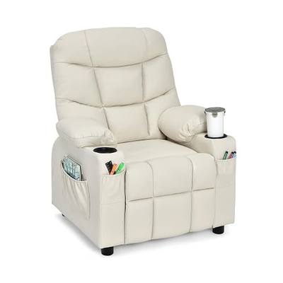 GLACER Kids Recliner Chair with Cup Holder, Front Side Pockets, PU Leather | Solid Wood Children Recliner w/Adjustable Backrest, Armrests & Footrest, Toddler Recliner for Boys Girls, 3+ Age Group, Beige