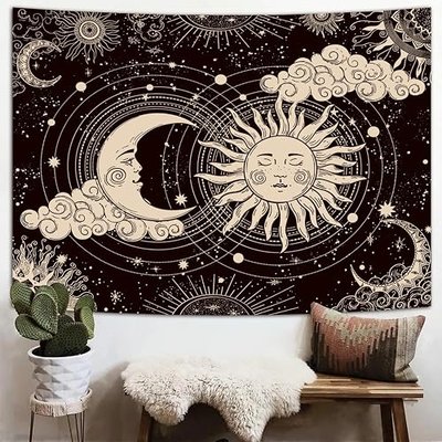 Wonrizon Sun and Moon Tapestry, Aesthetic Black Dark Spiritual Tapestries Mystic Burning Sun with Clouds Star Wall Hanging decor for Bedroom (51.2" x 59.1")