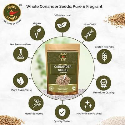 Spice Magic Coriander Seeds Whole, Cilantro Seed, Pickling & Curry, 7 oz | Lemony whole dhania for tadka, brines, rubs & home grinding. Toast to unlock citrus-floral aroma. Non-GMO, resealable.