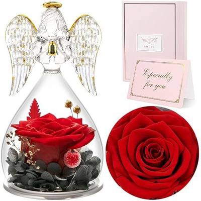 Sunia Gifts for Mom Birthday Gifts for Women, Preserved Real Roses in Glass Angel Figurine, Eternal Forever Flowers for Delivery Prime, Fresh Flower Presents for Mothers Grandma Wife Daughter Sister