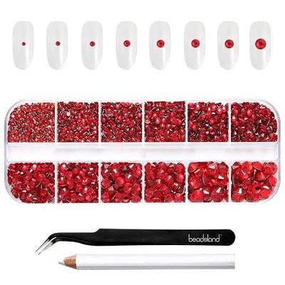 Beadsland Rhinestones for Makeup,8 Sizes 2500pcs Red Flatback Rhinestones Eye Gems for Nails Crafts with Tweezers and Wax Pencil,Siam,SS4-SS30