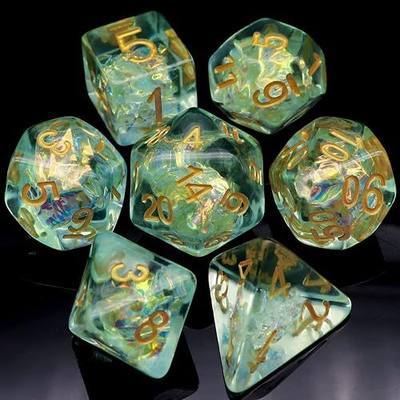 Haxtec Light Green DND Dice Set 7PCS Filled Resin Polyhedral D&D Dice with Bag, Iridescent Mylar Inclusion Dice for Roleplaying Games Compatible with Dungeons and Dragons Gift