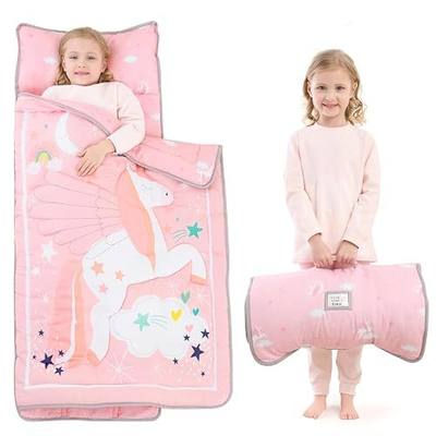 UOMNY Toddler Nap Mat - 1 Pack Girls Sleeping Bag with Removable Pillow - Unicorn 53x21Inch Kids Preschool Nap Sack with Pillow Pink Napper Nap Mats for Daycare Napping Bag for Girls