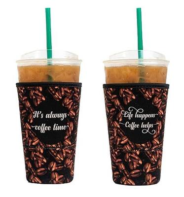 BAXENDALE AND CO Reusable Neoprene Insulator Sleeves for Large Sized Iced Coffee and Cold Drink Cups (2 PK Large 32oz, Coffee Quotes)