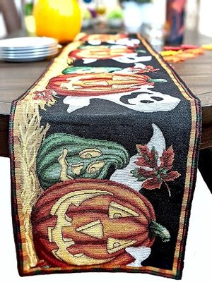 DaDa Bedding Spooky Halloween Pumpkins Tapestry Table Runner - Fall Harvest Orange Jack-o'-Lantern Ghosts Intricate Needle Stitching - Cotton Linen Woven Kitchen Dining Mats - 13" x 67"