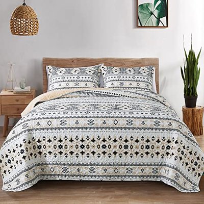 BEDIFANY Boho Quilt Bedding Set, 3 Pieces Stripe Queen Bedspread Lightweight Boho Queen Quilt, All-Season Bed Spread Coverlet Set for Bed Decoration