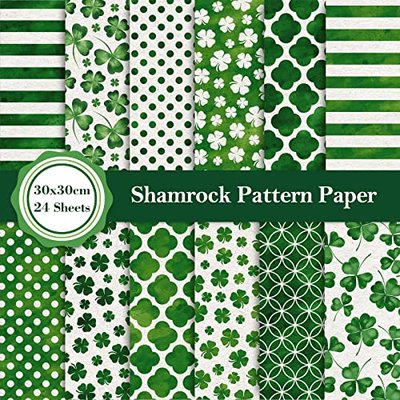 Whaline 24 Sheet St. Patrick's Day Pattern Paper Pack 12 Designs Green Shamrock Stripe Clover Dot Scrapbook Paper Double-Sided Decorative Craft Papers for Card Making Scrapbook, 11.8 x 11.8 Inch