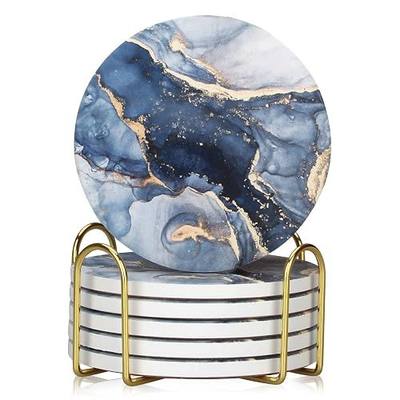 Coasters Set of 6, Navy Blue Marble Abstract Ceramic Coasters with Holder | Best Round Absorbent Drink Coaster Set, Coffee Table Decor for Home Decor House Warming Gifts New Home