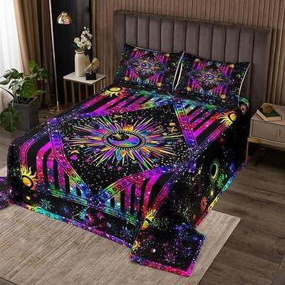 Erosebridal Bohemian Queen Quilt Set, Rainbow Sun and Moon Coverlet Psychedelic Galaxy Bedding Sets Trippy Astrology Stars Bedspread Set 3Pcs, Colorful Striped Bedroom Decor for Kids Teens Adults
