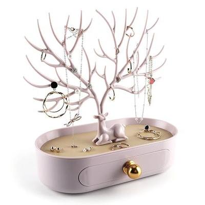 MORE&LESS Antlers Jewelry Display Stand with Aluminium alloy handle, Tree Tower Rack Hanging Organizer for Ring Earrings Necklace Bracelet, Deer Horn Tree Stand with Storage Drawer and Tray
