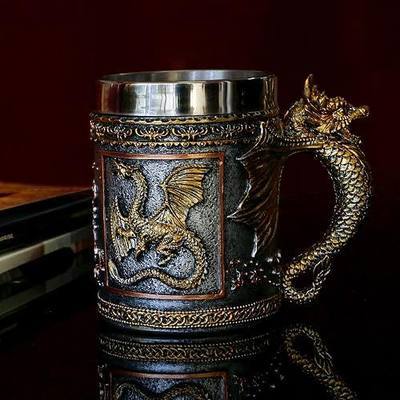 alikiki Medieval DND Dragon Coffee Mug, 15.8oz, Stainless Gold | Roaring Dragon Beer Drink Mug for GOT Lovers Collector Ideal Novelty Gothic Father Day Gift Party Decoration