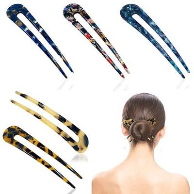 DLAND 5 Pack French Style U-Shaped Hair Clips, Cellulose Acetate 2-Prong Updo Bobby Pins for Chignon, Vintage Hairstyles, Colorful Acetate Hair Forks