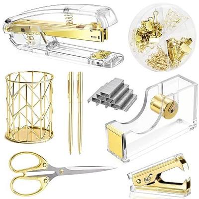 Famassi Gold Desk Accessories,Office Supplies Set Acrylic Stapler Set Staple Remover, Tape/Pen Holder, 2 Ballpoint Pen, Scissor, Binder/Paper Clips and 1000pcs Staples.