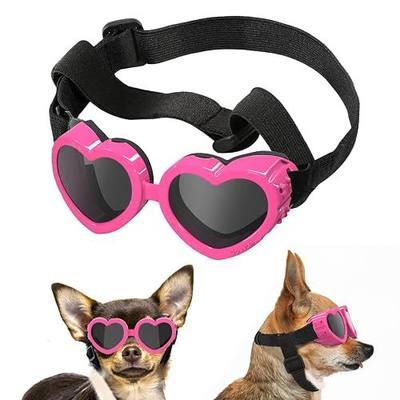 Lewondr Small Dog Sunglasses UV Protection Heart Shape Dogs Goggles, Pink | Adjustable Strap, Anti-Fog Sunglasses for Dogs, Sun Glasses Doggie Windproof Glasses