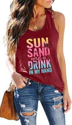 Sun Sand and A Drink in My Hand Tank Women Beach Coconut Trees Graphic Shirt Vacation Sleeveless Tops