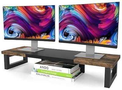 WESTREE Dual Monitor Stand Riser, Wood and Steel Multi-Purpose Desktop Storage Stand for 2 Monitors for Computer, Laptop, Printer, TV, Rustic Brown