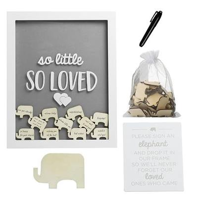 Pearhead So Little So Loved Wooden Elephant Token Frame, Baby Shower Signature Guest Book Alternative with 65 Wooden Tokens, Gender-Neutral Nursery Keepsake Decor, Gray and White