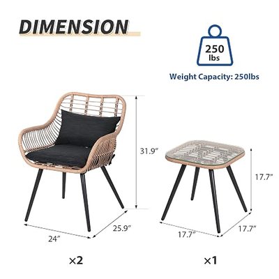 Verano Garden 3 Pieces Patio Bistro Set, Wicker Conversation Chair Sets | Outdoor Balcony Furniture, Coffee Table, Glass Top, Cushions, Lumbar Pillows, Porch, Backyard, Deck, Poolside, Black