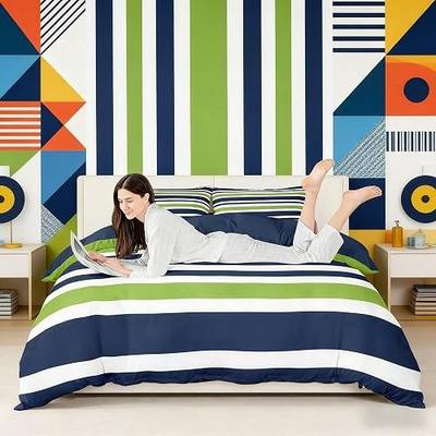 Homewish Striped Duvet Cover Set Twin Size, Green Blue and White Stripes Print Simple Style Comforter Cover with 1 Pillow Sham, 2pcs, Geometric Shape Bedding Set for Kids Boys, Breathable Durable