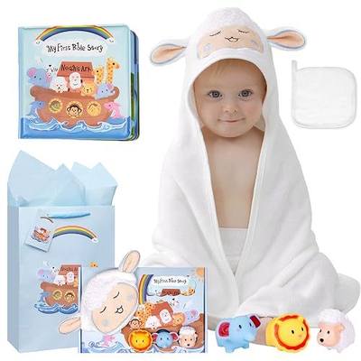 MyMateZoe My First Noahs Ark 7 pcs Baptism Gift Set, Dedication, Christening and Baptism Gifts for Boys and Newborn Baby, Includes Washcloth and Hooded Towel, Baby Bath Book, 3 Bath Toys and Gift Bag