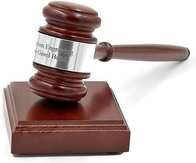 Wooden Gavel and Sound Block with Custom Personalized Engraved Band (Silver Band)