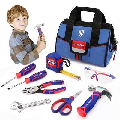 WORKPRO 9-Piece Kids Real Hand Tool Set, Blue | Junior Tool Kit with Storage Bag for Boys, Girls, Children DIY Building and Woodworking, Age 8+
