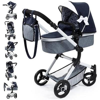 Bayer Neo Vario Doll Pram & Pushchair - 20.5 in Foldable Reborn Stroller | Height-adjustable handle, includes matching shoulder bag and shopping basket, reversible carriage with swivel wheels