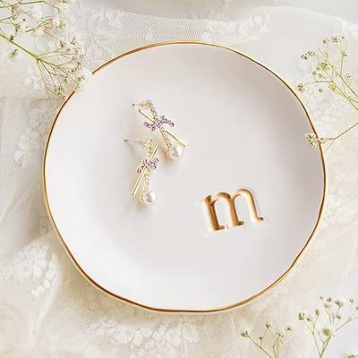 COLLECTIVE HOME Ceramic Jewelry Tray, Trinket Dish, Gifts for Women (M) | Mother's Day, Birthday, Christmas, Engagement Gifts, Vanity, Nightstand Decor, Embossed Gold Monogram Ring Dish with Gift Box